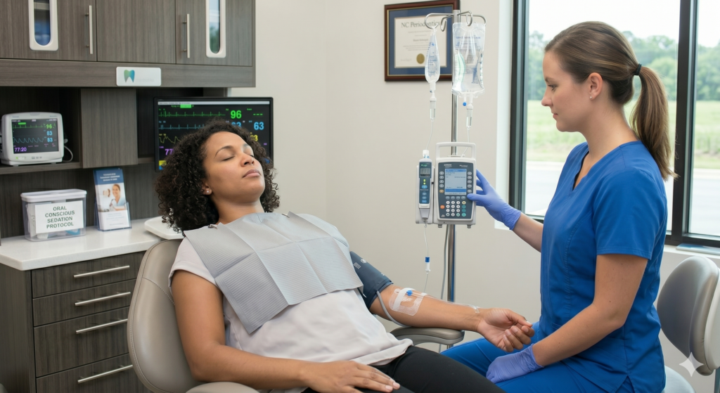 A detailed, professional photograph of a Black woman with curly hair, reclined and sedated in a dental chair at NC Periodontics in Raleigh. A female professional in blue scrubs manages a multi-line infusion pump on an IV pole with multiple bags. The patient has visible monitoring lines for an IV, blood pressure cuff, and pulse oximeter, and monitors in the background display active vital signs. The scene emphasizes a safe, deeply monitored IV sedation process in a clean medical office environment. A box labeled 'ORAL CONSCIOUS SEDATION PROTOCOL' is visible in the background as a generic item.