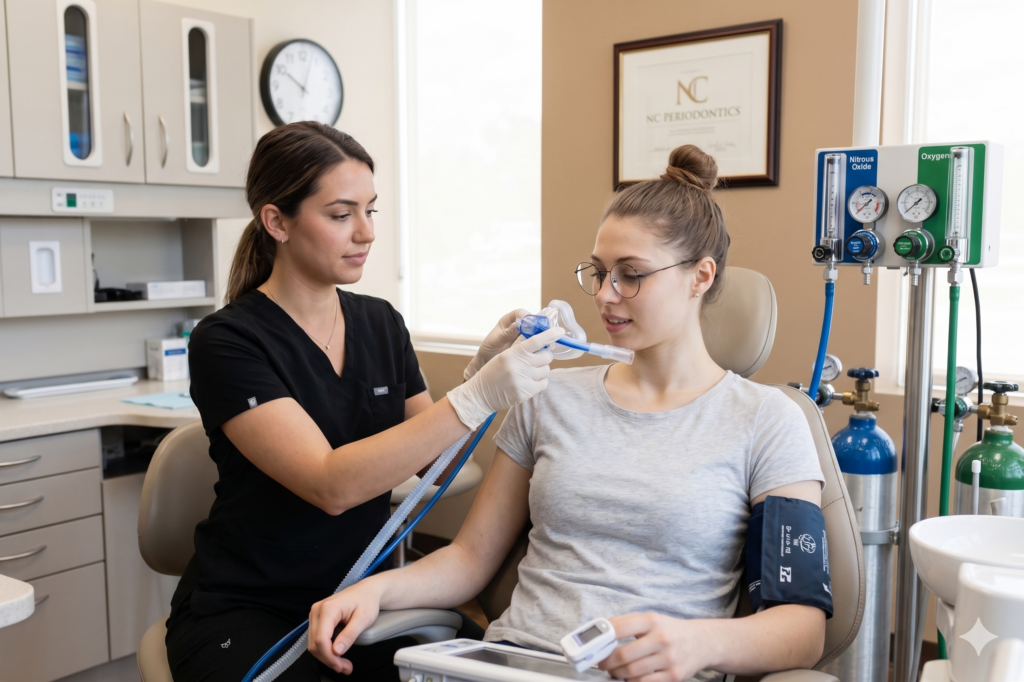 A female dental professional at NC Periodontics preparing a nitrous oxide nasal mask for a relaxed patient wearing glasses in a dental chair with safety monitoring equipment.