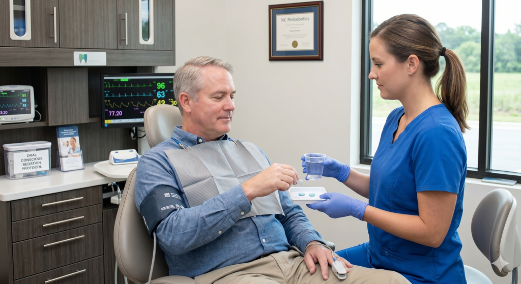 A middle-aged male patient with grey hair is relaxed in a dental chair, taking two small oral sedative pills presented by a gloved dental assistant wearing blue scrubs, at NC Periodontics.