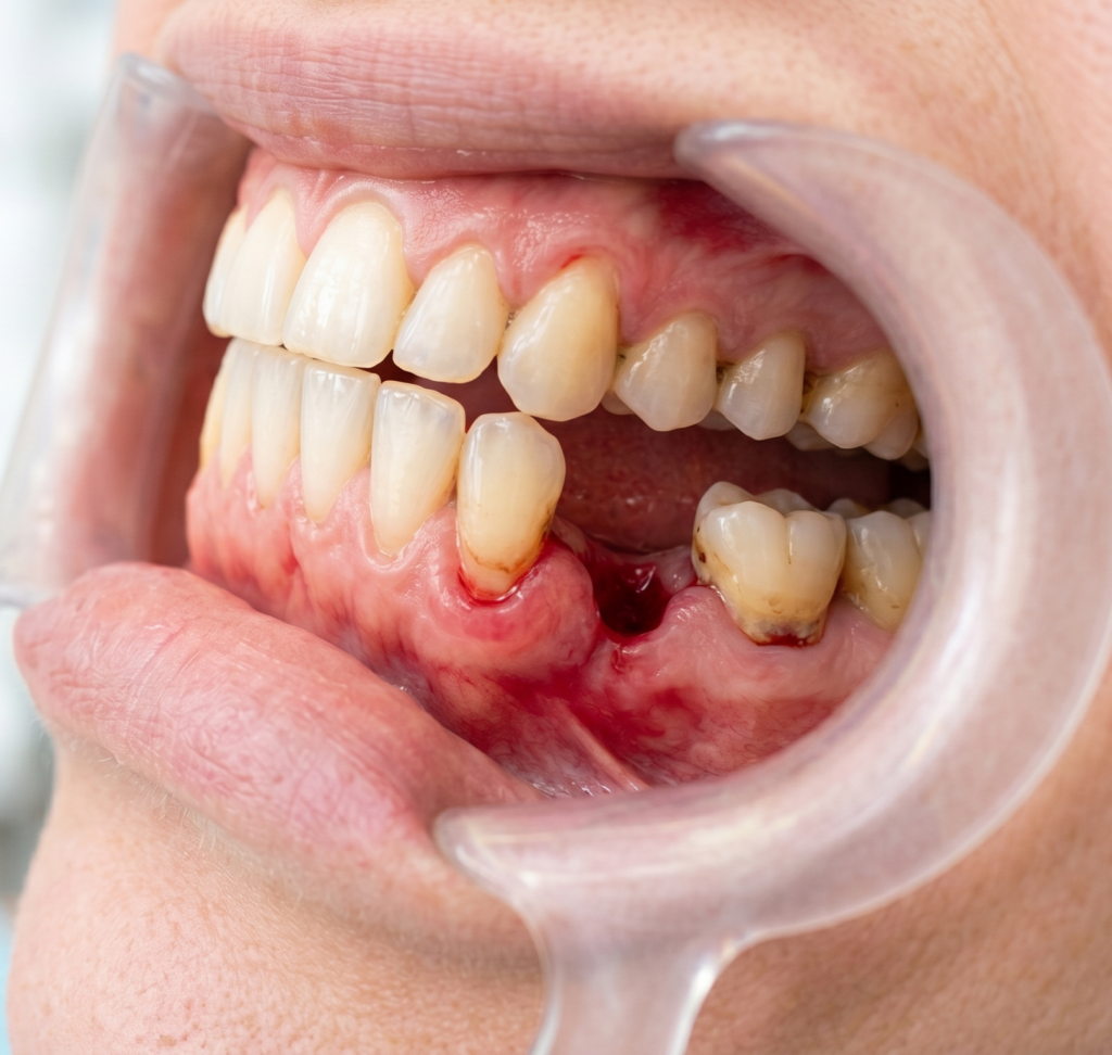 A detailed clinical photograph of a patient's mouth, held open by clear plastic cheek retractors. Multiple teeth show significant gum recession with exposed roots. In the lower jaw, a complete gap from a missing tooth is visible, surrounded by inflamed, red gum tissue. Remaining teeth show heavy calculus and decay. The background is a modern dental operatory.