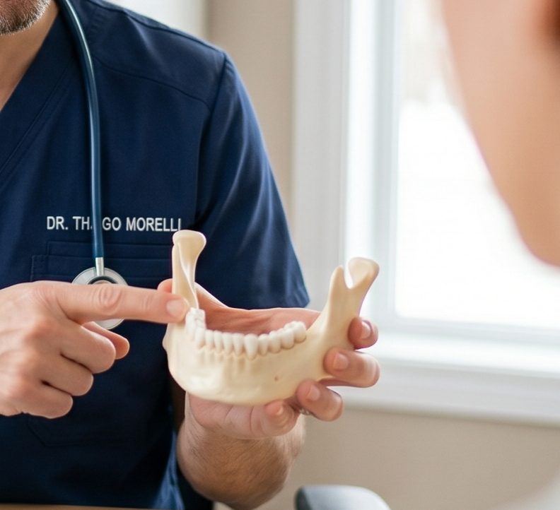 A male dentist, Dr. Thiago Morelli, wearing glasses and navy blue scrubs, points to a lower jawbone model while consulting with a patient in a well-lit medical office.