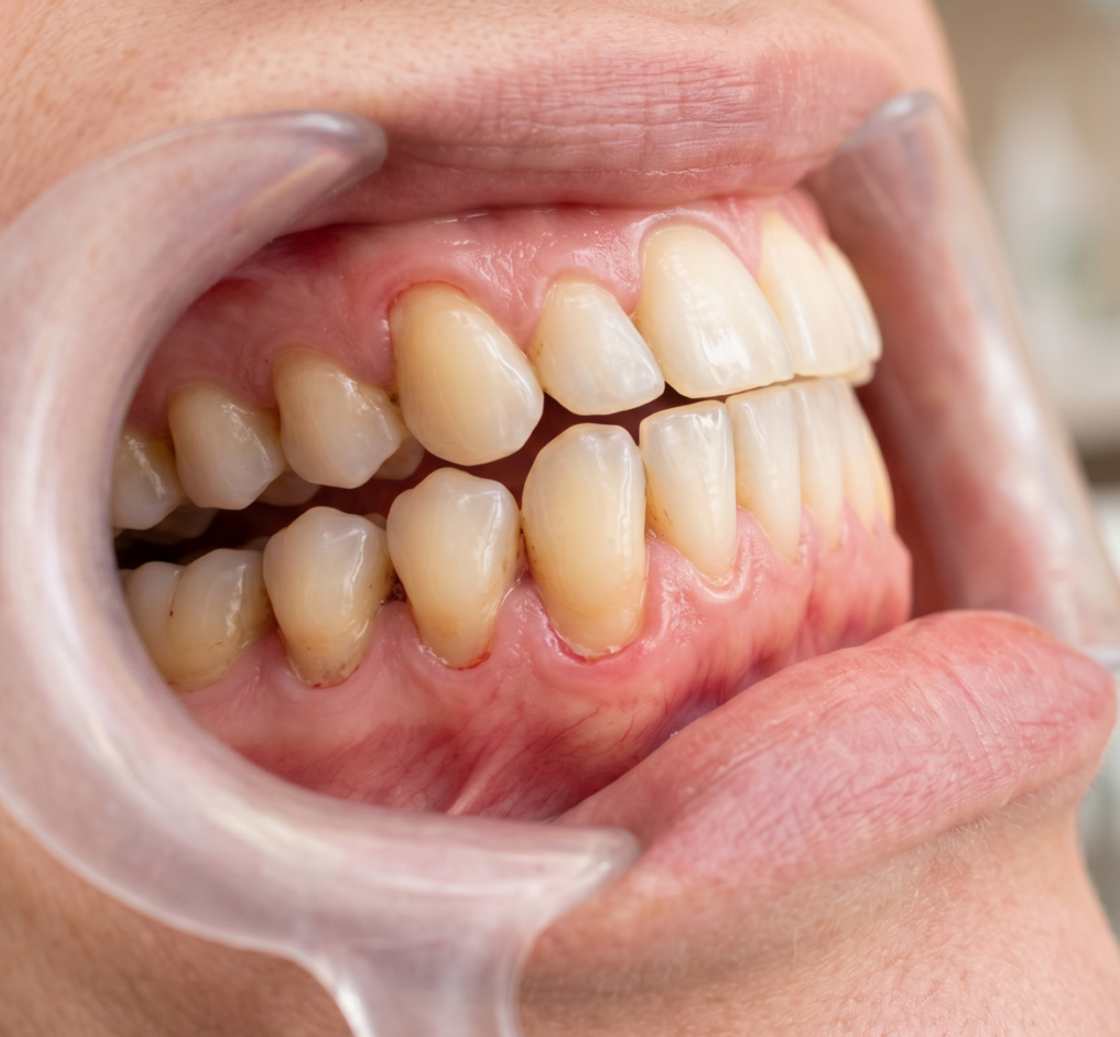 Close-up dental photograph using a cheek retractor to show severe gum recession, exposing the yellowish root surfaces of the upper and lower teeth.