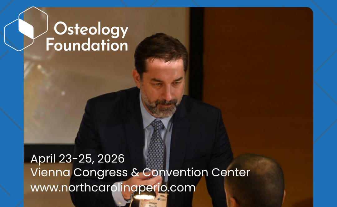 r. Thiago Morelli of NC Implants and Periodontics speaking at the Osteology Foundation conference at the Vienna Congress & Convention Center in April 2026.