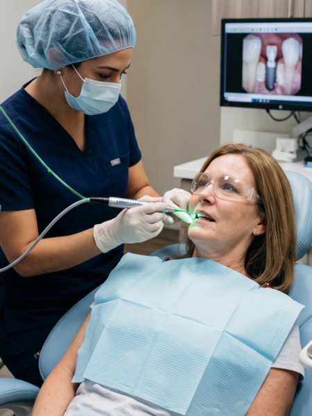 A periodontal specialist utilizes advanced LAPIP (Laser-Assisted Peri-Implantitis Procedure) technology with a specialized 'Laser Perio-Pro' machine to treat gum disease around a patient's dental implant, involving targeted laser energy and a skilled team.