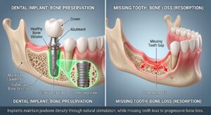 3D medical illustration comparing a successful dental implant anchored in healthy jawbone via osseointegration on the left, to a missing tooth site causing receding gums and jawbone deterioration on the right.