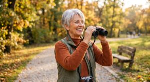 Vibrant senior woman with a bright smile standing outdoors holding binoculars. Her confident smile represents the active lifestyle and vitality older adults can maintain with dental implants.