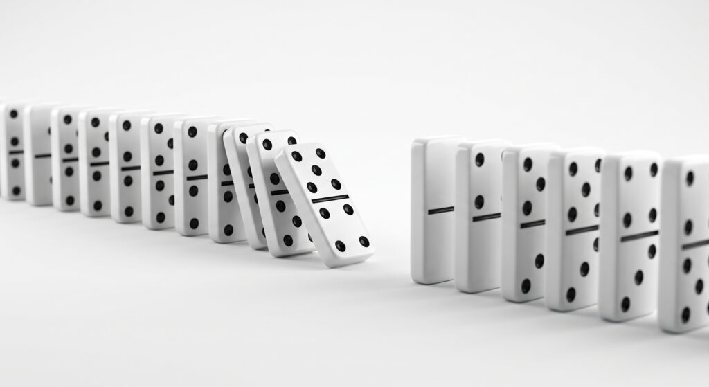 A row of white dominos on a white background with a missing piece in the center, causing the adjacent dominos to tip and fall into the empty gap.