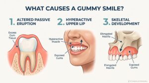 A labeled medical illustration titled "What Causes a Gummy Smile?" detailing three common biological factors: Altered Passive Eruption (excess gum tissue), Hyperactive Upper Lip (overactive muscle pull), and Skeletal Development (elongated maxilla jawbone).