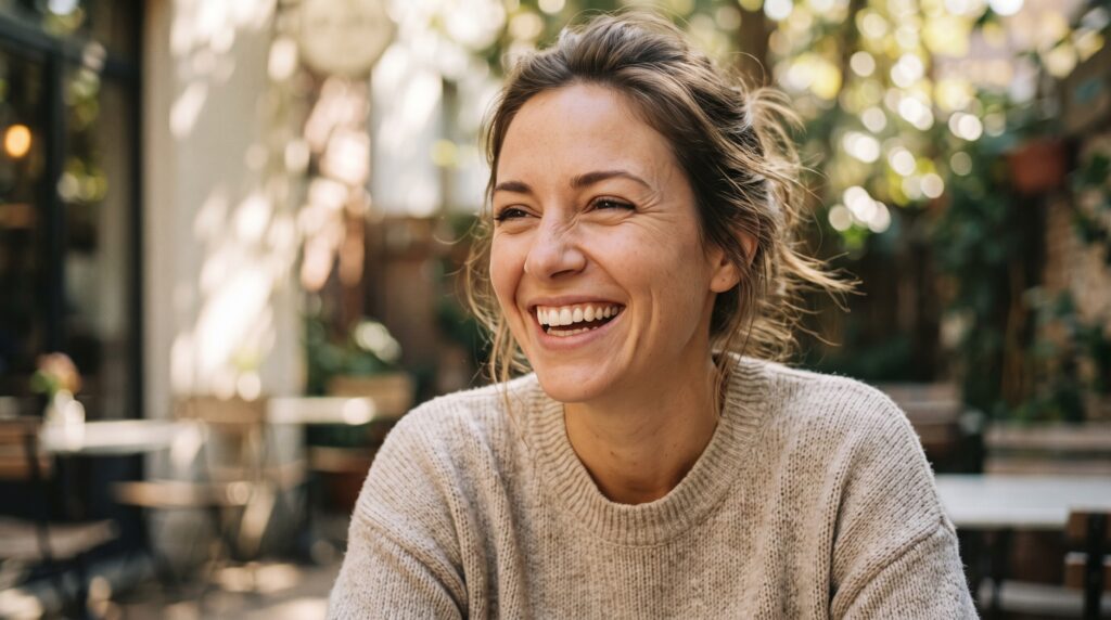 A woman laughing outdoors in warm natural light, displaying a balanced and confident smile without excessive gum exposure.